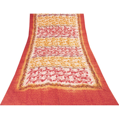 Sanskriti Vintage Sarees Ivory Pure Crepe Silk Printed Sari 5+yd Craft Fabric