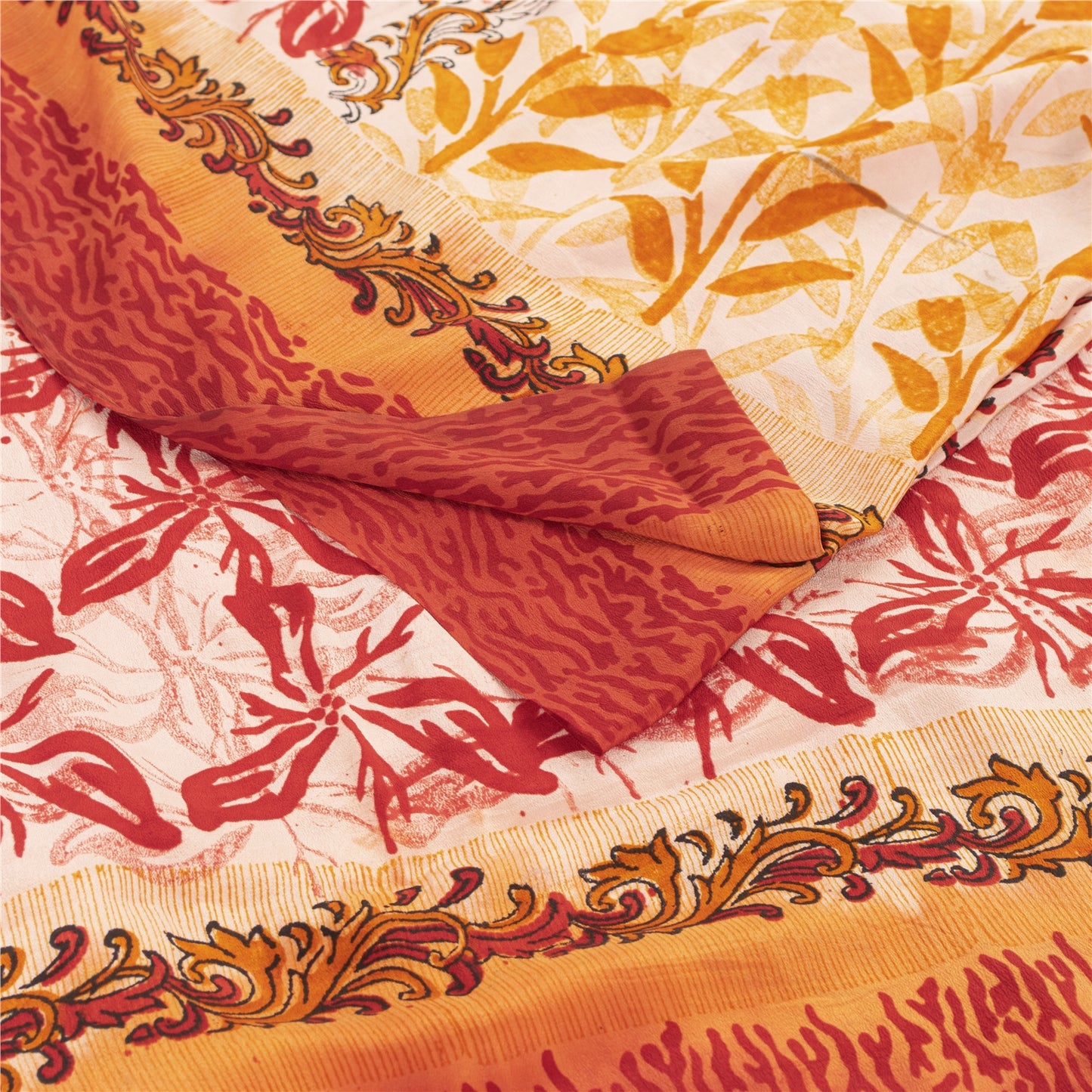 Sanskriti Vintage Sarees Ivory Pure Crepe Silk Printed Sari 5+yd Craft Fabric