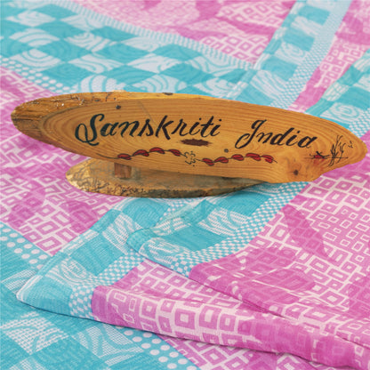 Sanskriti Vintage Sarees Pink 100%Pure Crepe Silk Printed Sari 5+yd Craft Fabric