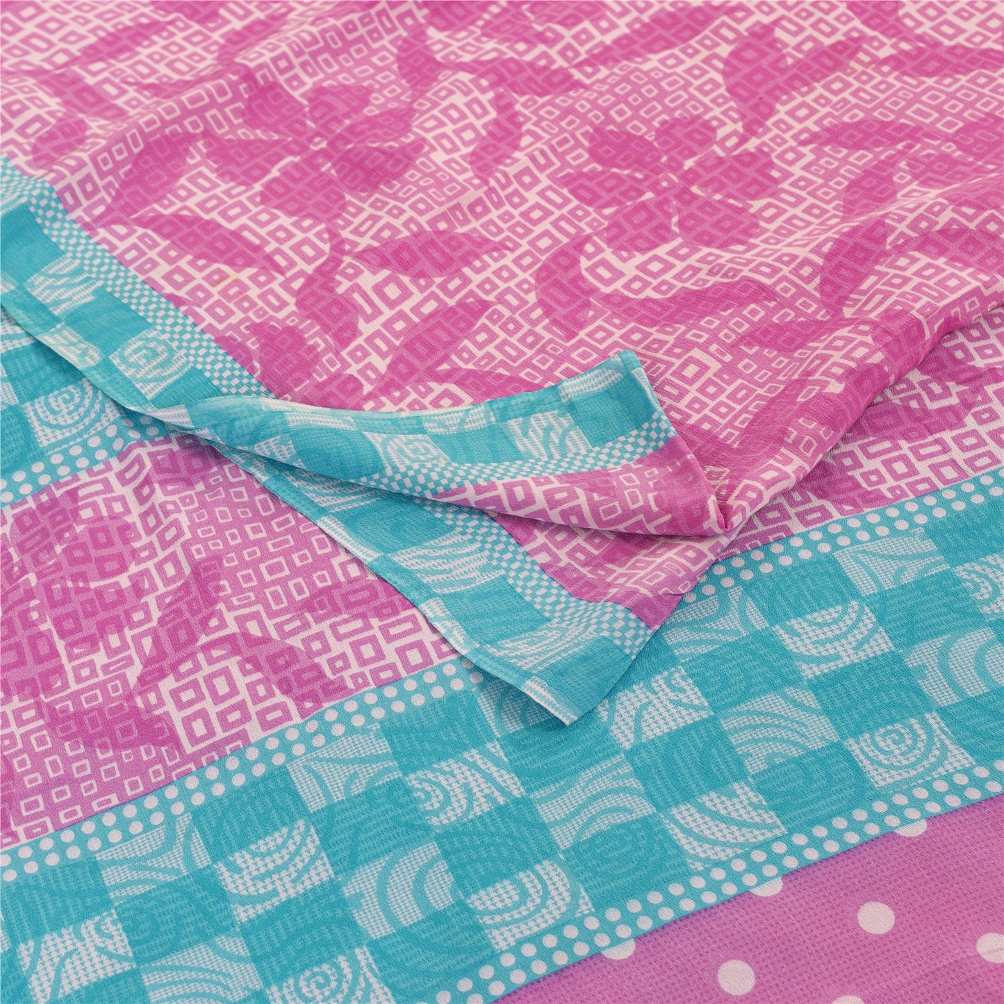 Sanskriti Vintage Sarees Pink 100%Pure Crepe Silk Printed Sari 5+yd Craft Fabric