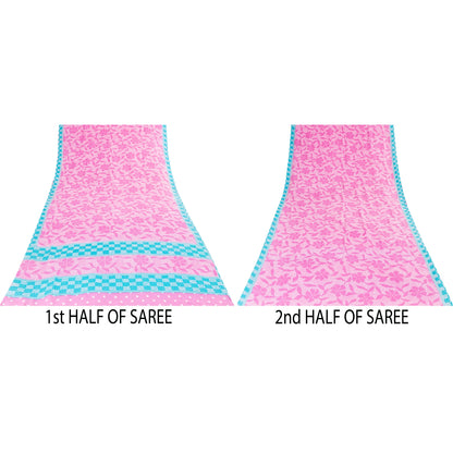 Sanskriti Vintage Sarees Pink 100%Pure Crepe Silk Printed Sari 5+yd Craft Fabric