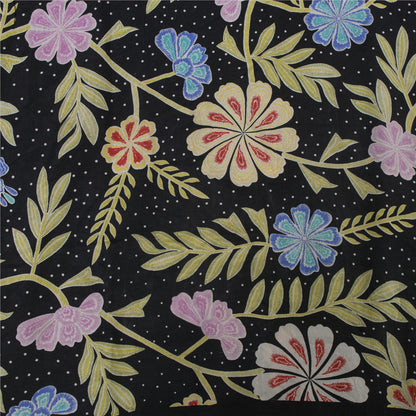 Sanskriti Vintage Sarees Black Pure Crepe Silk Printed Sari 5+yd Craft Fabric