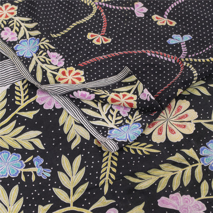 Sanskriti Vintage Sarees Black Pure Crepe Silk Printed Sari 5+yd Craft Fabric