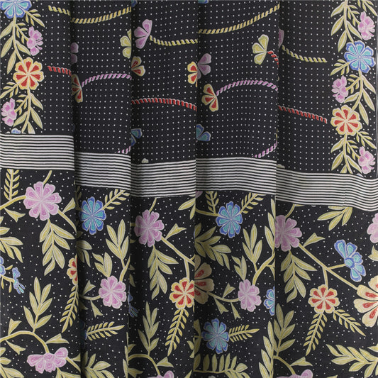Sanskriti Vintage Sarees Black Pure Crepe Silk Printed Sari 5+yd Craft Fabric