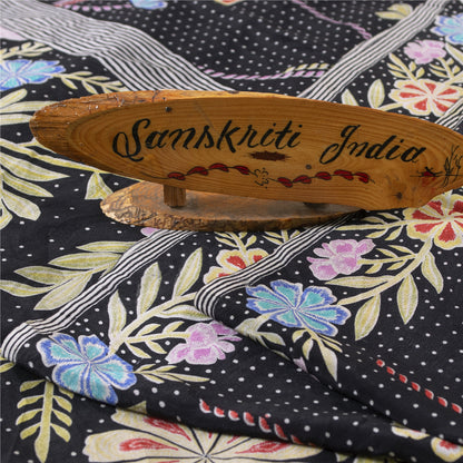 Sanskriti Vintage Sarees Black Pure Crepe Silk Printed Sari 5+yd Craft Fabric