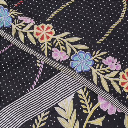 Sanskriti Vintage Sarees Black Pure Crepe Silk Printed Sari 5+yd Craft Fabric