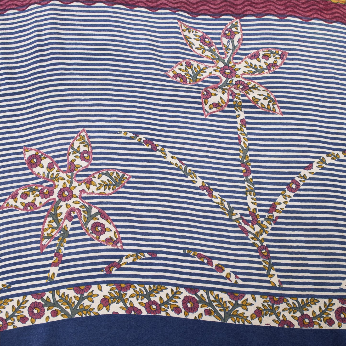 Sanskriti Vintage Sarees Blue & Purple Pure Crepe Printed Sari 5+yd Craft Fabric