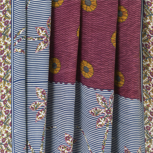 Sanskriti Vintage Sarees Blue & Purple Pure Crepe Printed Sari 5+yd Craft Fabric