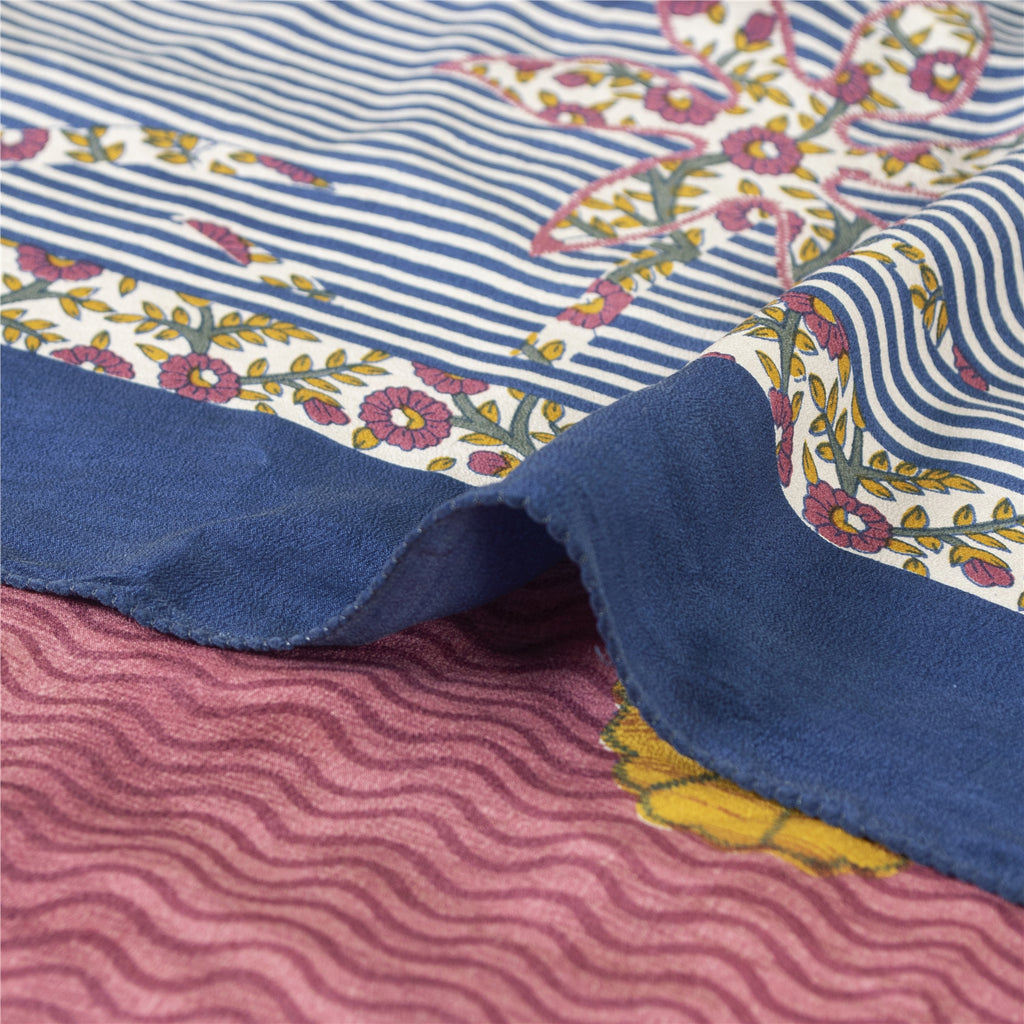 Sanskriti Vintage Sarees Blue & Purple Pure Crepe Printed Sari 5+yd Craft Fabric