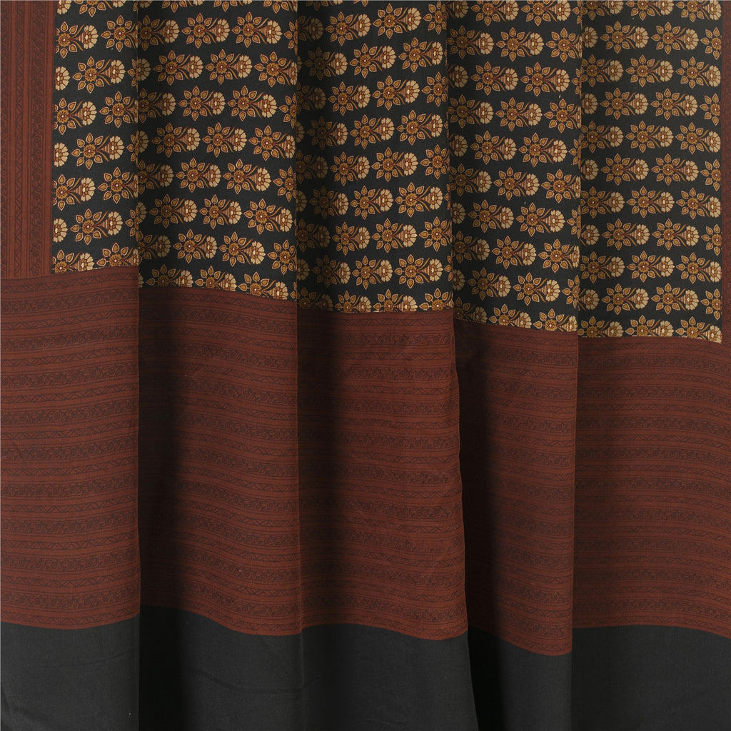 Sanskriti Vintage Sarees Black Pure Crepe Floral Printed Sari 5+yd Craft Fabric