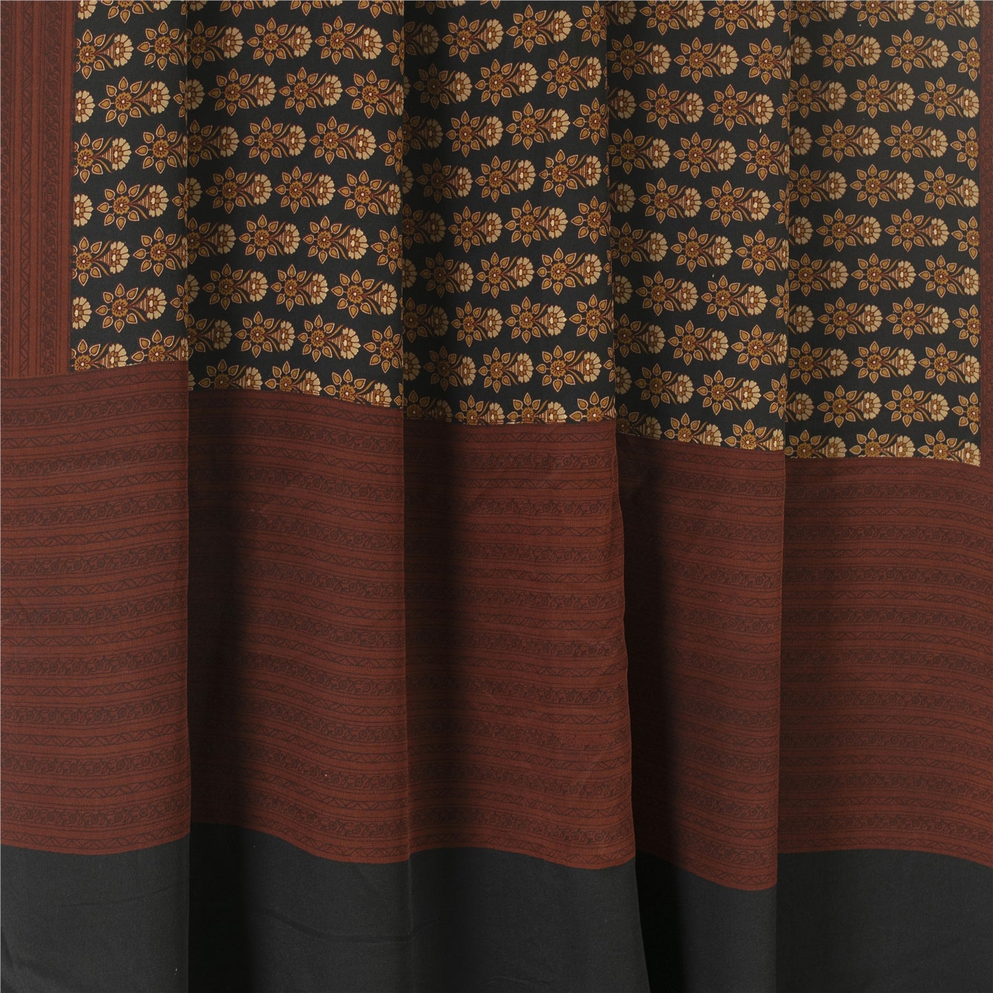 Sanskriti Vintage Sarees Black Pure Crepe Floral Printed Sari 5+yd Craft Fabric