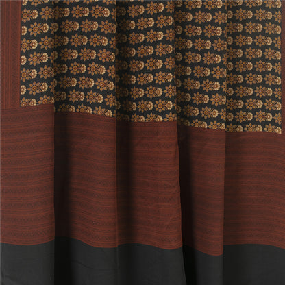 Sanskriti Vintage Sarees Black Pure Crepe Floral Printed Sari 5+yd Craft Fabric