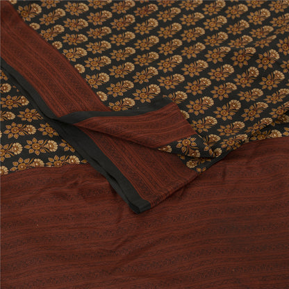 Sanskriti Vintage Sarees Black Pure Crepe Floral Printed Sari 5+yd Craft Fabric