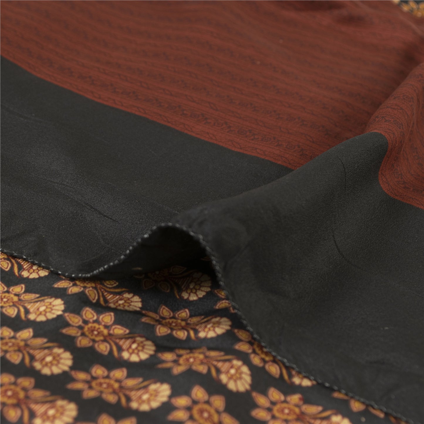 Sanskriti Vintage Sarees Black Pure Crepe Floral Printed Sari 5+yd Craft Fabric