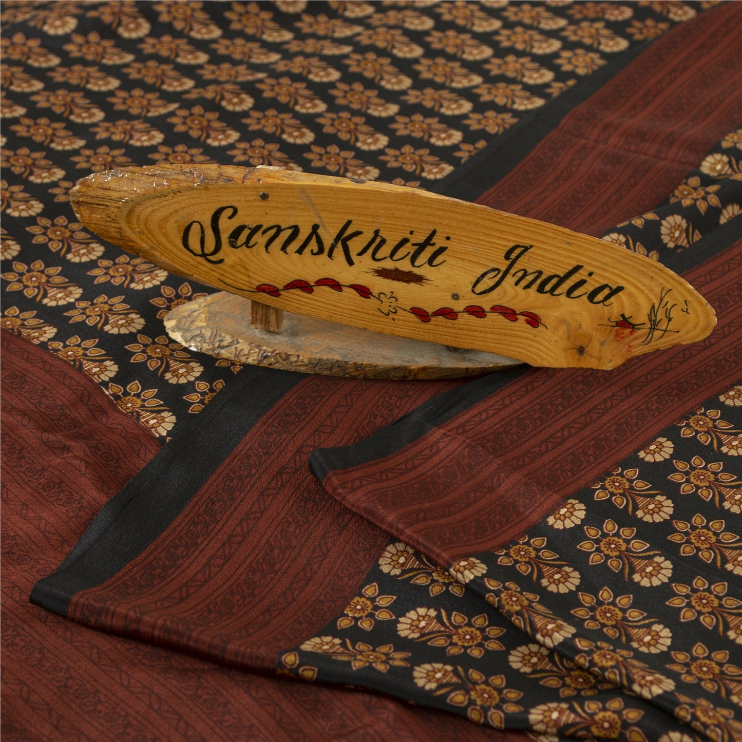 Sanskriti Vintage Sarees Black Pure Crepe Floral Printed Sari 5+yd Craft Fabric