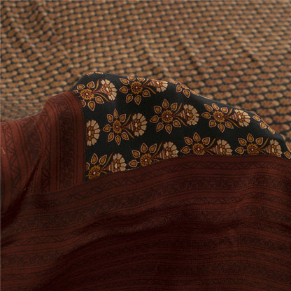 Sanskriti Vintage Sarees Black Pure Crepe Floral Printed Sari 5+yd Craft Fabric