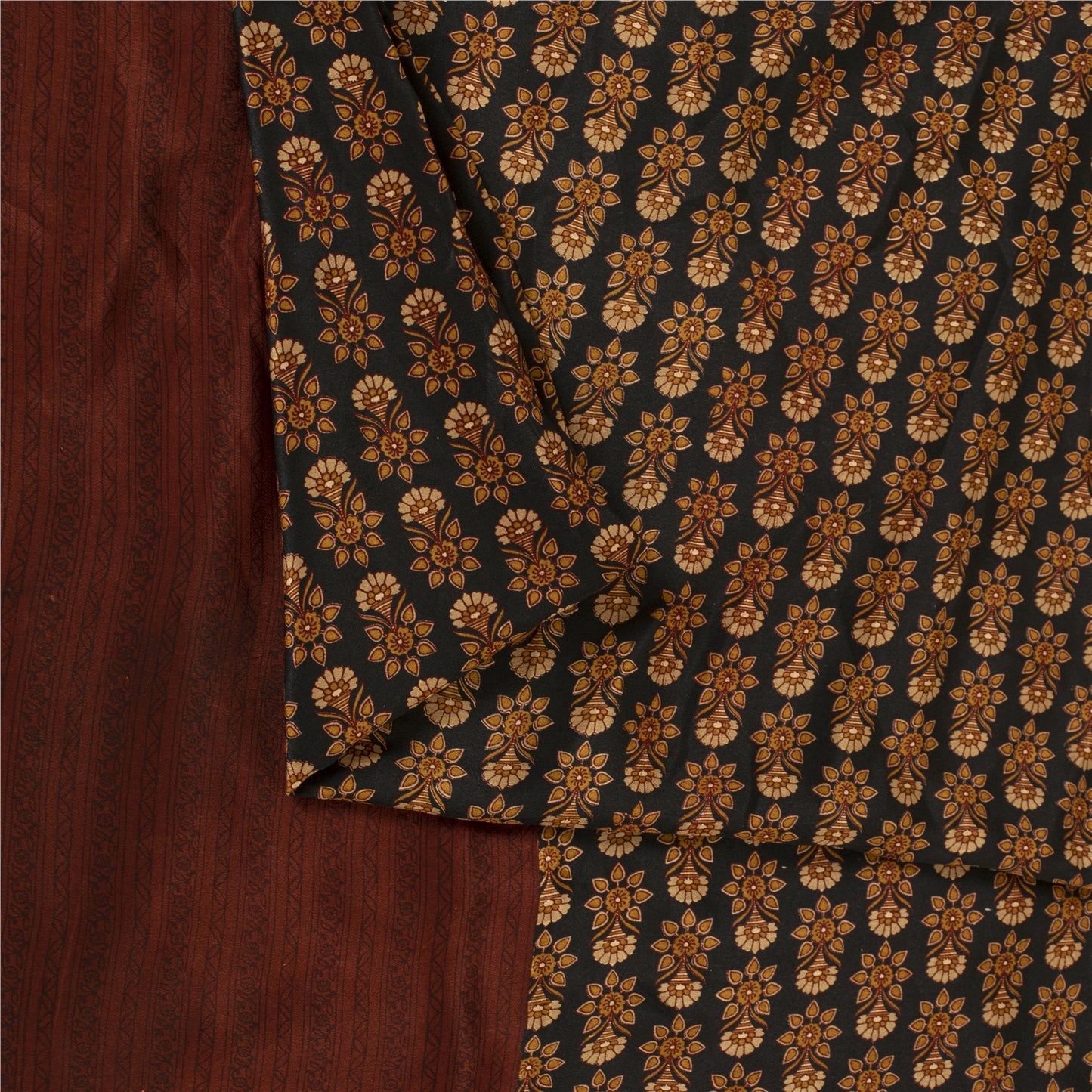 Sanskriti Vintage Sarees Black Pure Crepe Floral Printed Sari 5+yd Craft Fabric