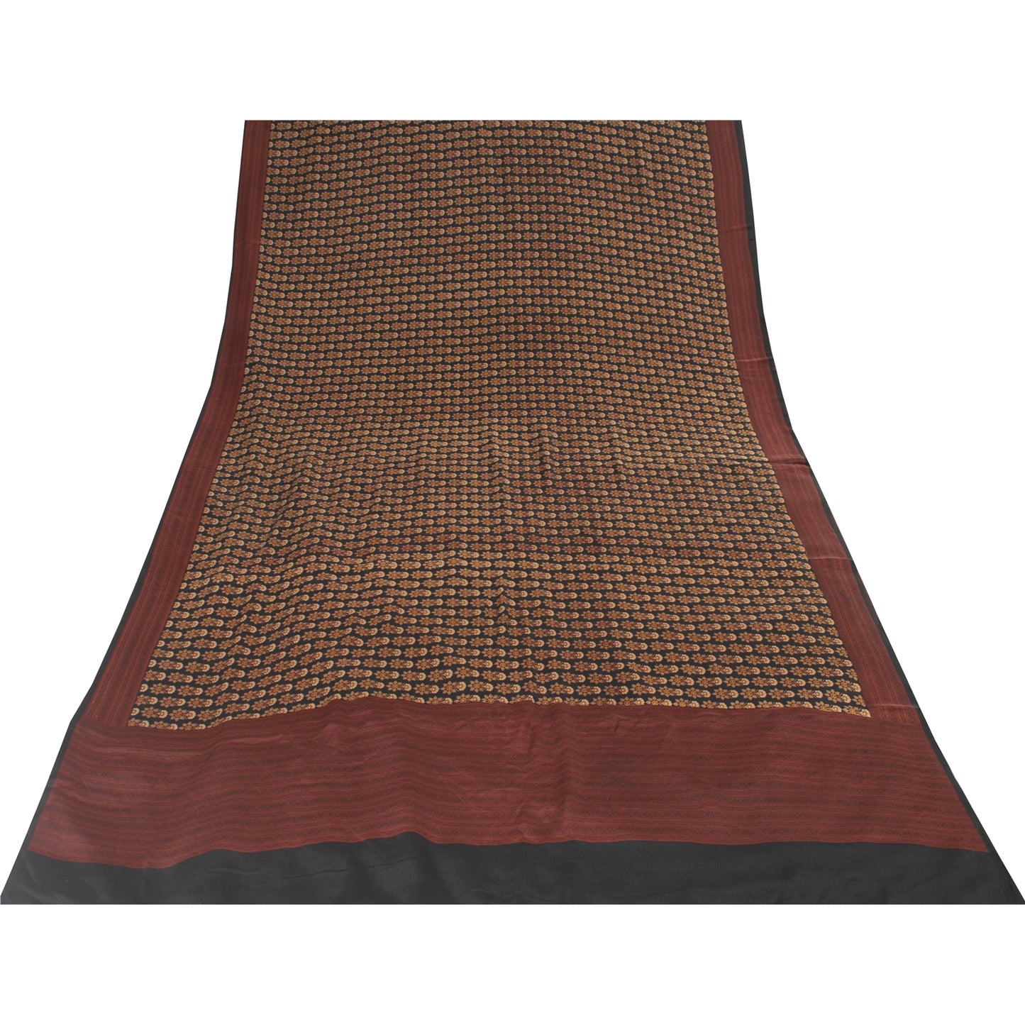 Sanskriti Vintage Sarees Black Pure Crepe Floral Printed Sari 5+yd Craft Fabric