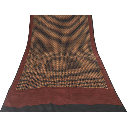 Sanskriti Vintage Sarees Black Pure Crepe Floral Printed Sari 5+yd Craft Fabric