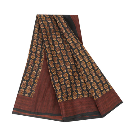 Sanskriti Vintage Sarees Black Pure Crepe Floral Printed Sari 5+yd Craft Fabric
