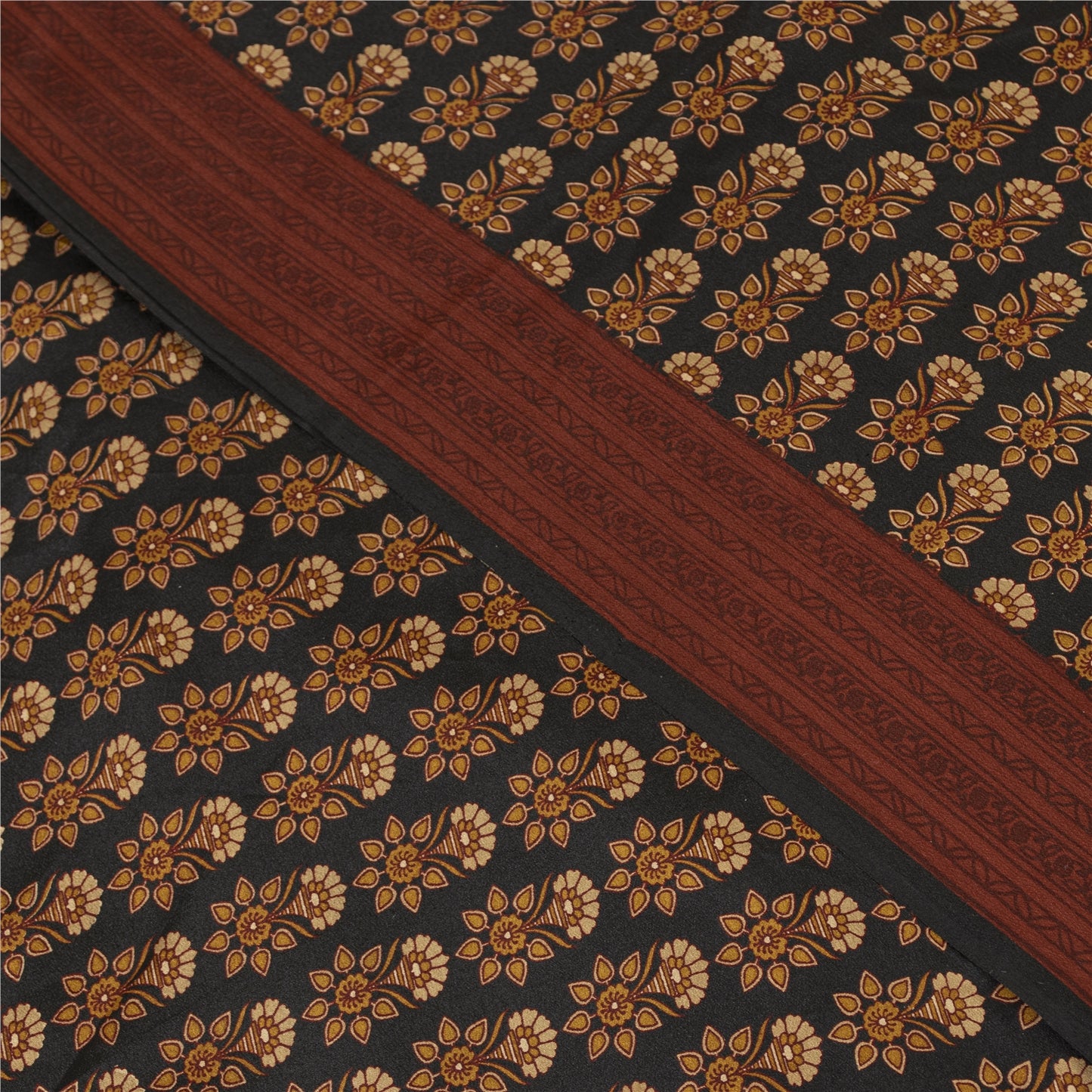 Sanskriti Vintage Sarees Black Pure Crepe Floral Printed Sari 5+yd Craft Fabric