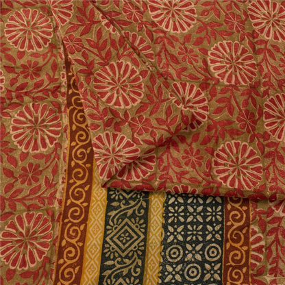 Sanskriti Vintage Sarees Green & Red Pure Crepe Printed Sari 5+yd Craft Fabric