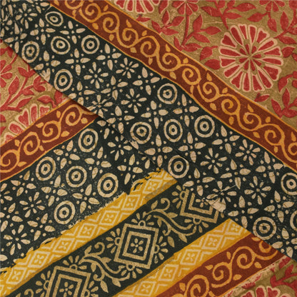 Sanskriti Vintage Sarees Green & Red Pure Crepe Printed Sari 5+yd Craft Fabric