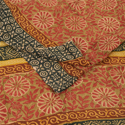 Sanskriti Vintage Sarees Green & Red Pure Crepe Printed Sari 5+yd Craft Fabric