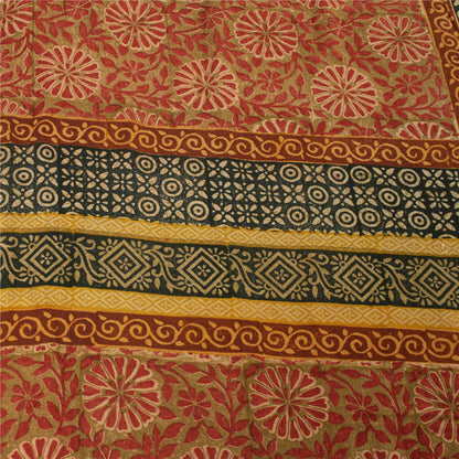 Sanskriti Vintage Sarees Green & Red Pure Crepe Printed Sari 5+yd Craft Fabric