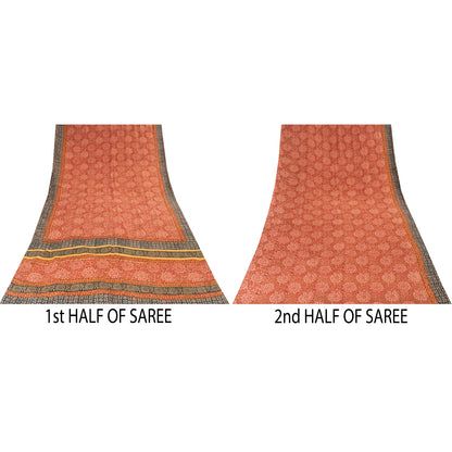 Sanskriti Vintage Sarees Green & Red Pure Crepe Printed Sari 5+yd Craft Fabric