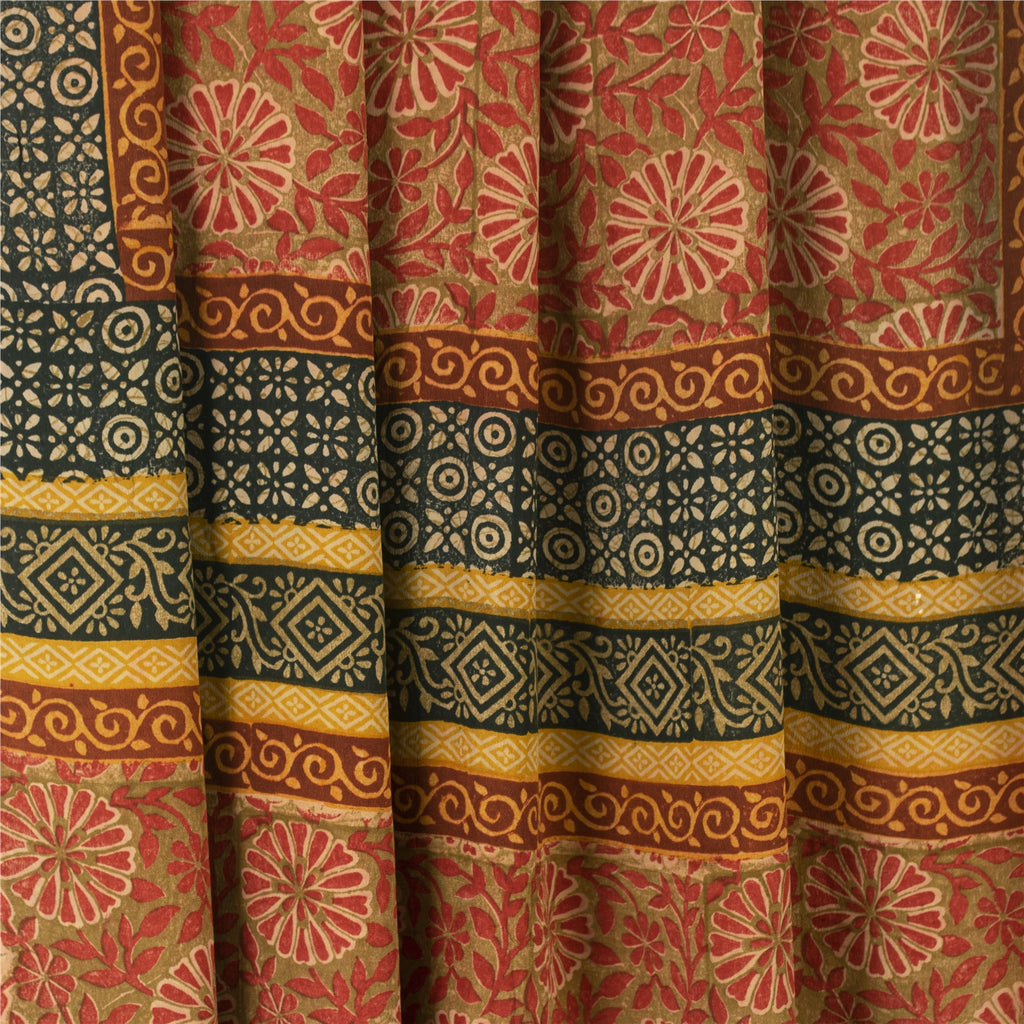 Sanskriti Vintage Sarees Green & Red Pure Crepe Printed Sari 5+yd Craft Fabric