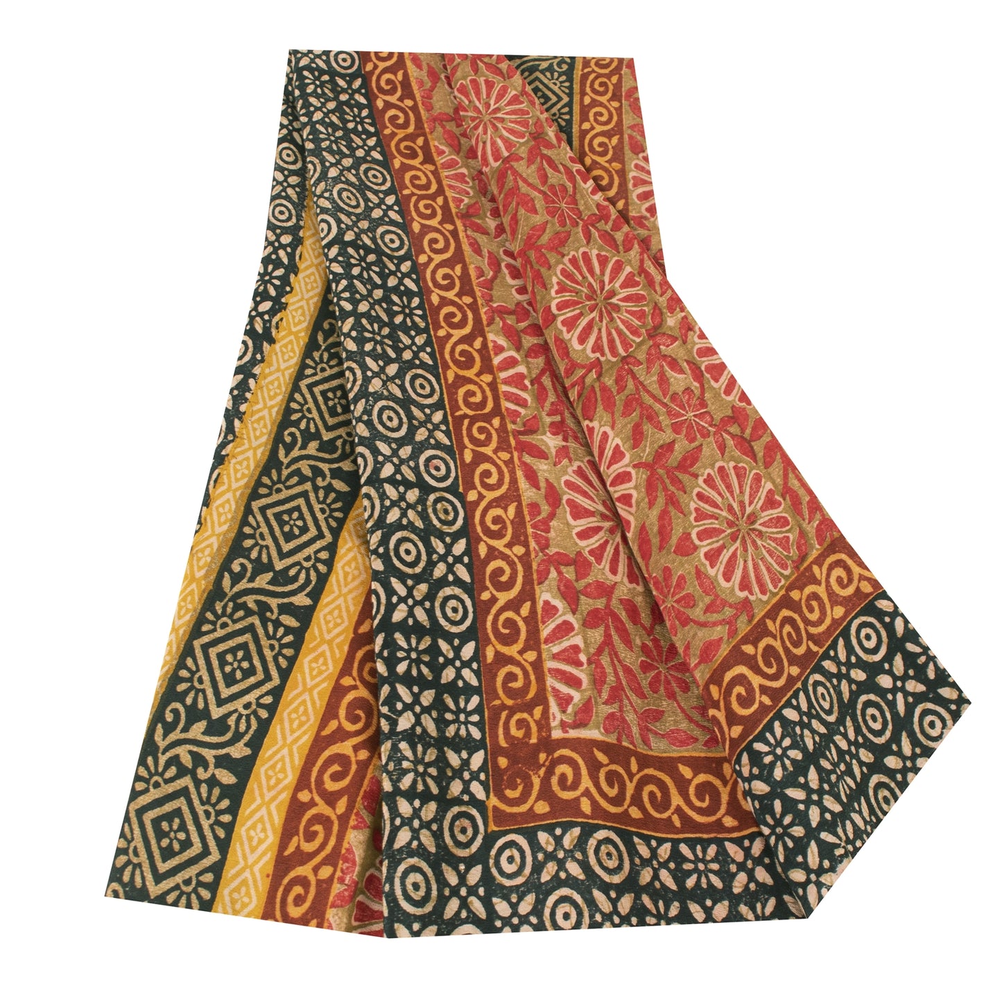 Sanskriti Vintage Sarees Green & Red Pure Crepe Printed Sari 5+yd Craft Fabric