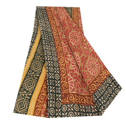 Sanskriti Vintage Sarees Green & Red Pure Crepe Printed Sari 5+yd Craft Fabric