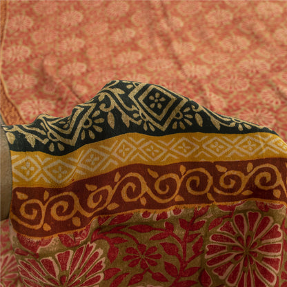 Sanskriti Vintage Sarees Green & Red Pure Crepe Printed Sari 5+yd Craft Fabric