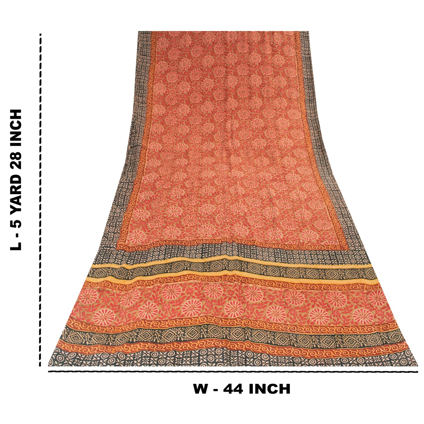 Sanskriti Vintage Sarees Green & Red Pure Crepe Printed Sari 5+yd Craft Fabric