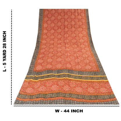 Sanskriti Vintage Sarees Green & Red Pure Crepe Printed Sari 5+yd Craft Fabric