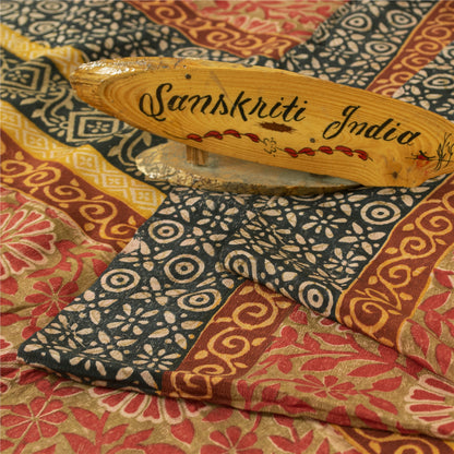 Sanskriti Vintage Sarees Green & Red Pure Crepe Printed Sari 5+yd Craft Fabric