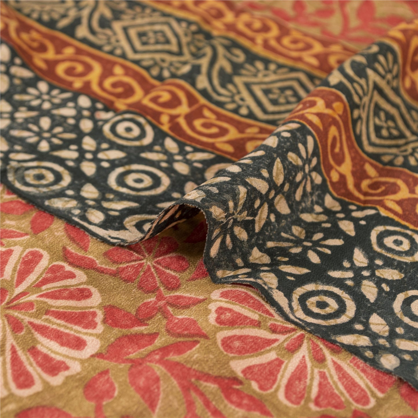 Sanskriti Vintage Sarees Green & Red Pure Crepe Printed Sari 5+yd Craft Fabric