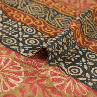 Sanskriti Vintage Sarees Green & Red Pure Crepe Printed Sari 5+yd Craft Fabric