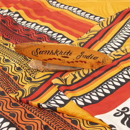 Sanskriti Vintage Sarees Yellow Pure Crepe Silk Printed Sari 5+yd Craft Fabric