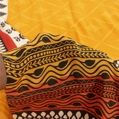 Sanskriti Vintage Sarees Yellow Pure Crepe Silk Printed Sari 5+yd Craft Fabric