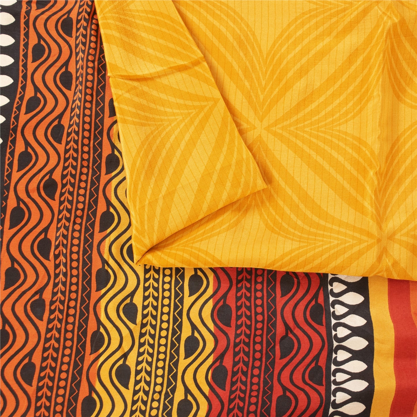 Sanskriti Vintage Sarees Yellow Pure Crepe Silk Printed Sari 5+yd Craft Fabric