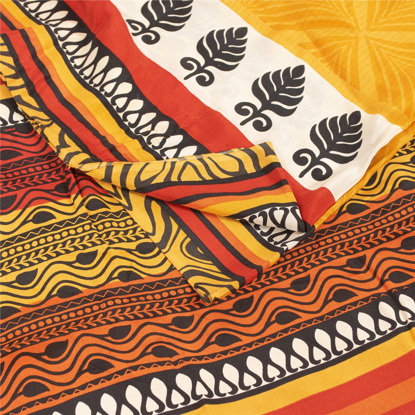 Sanskriti Vintage Sarees Yellow Pure Crepe Silk Printed Sari 5+yd Craft Fabric