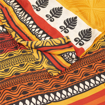 Sanskriti Vintage Sarees Yellow Pure Crepe Silk Printed Sari 5+yd Craft Fabric