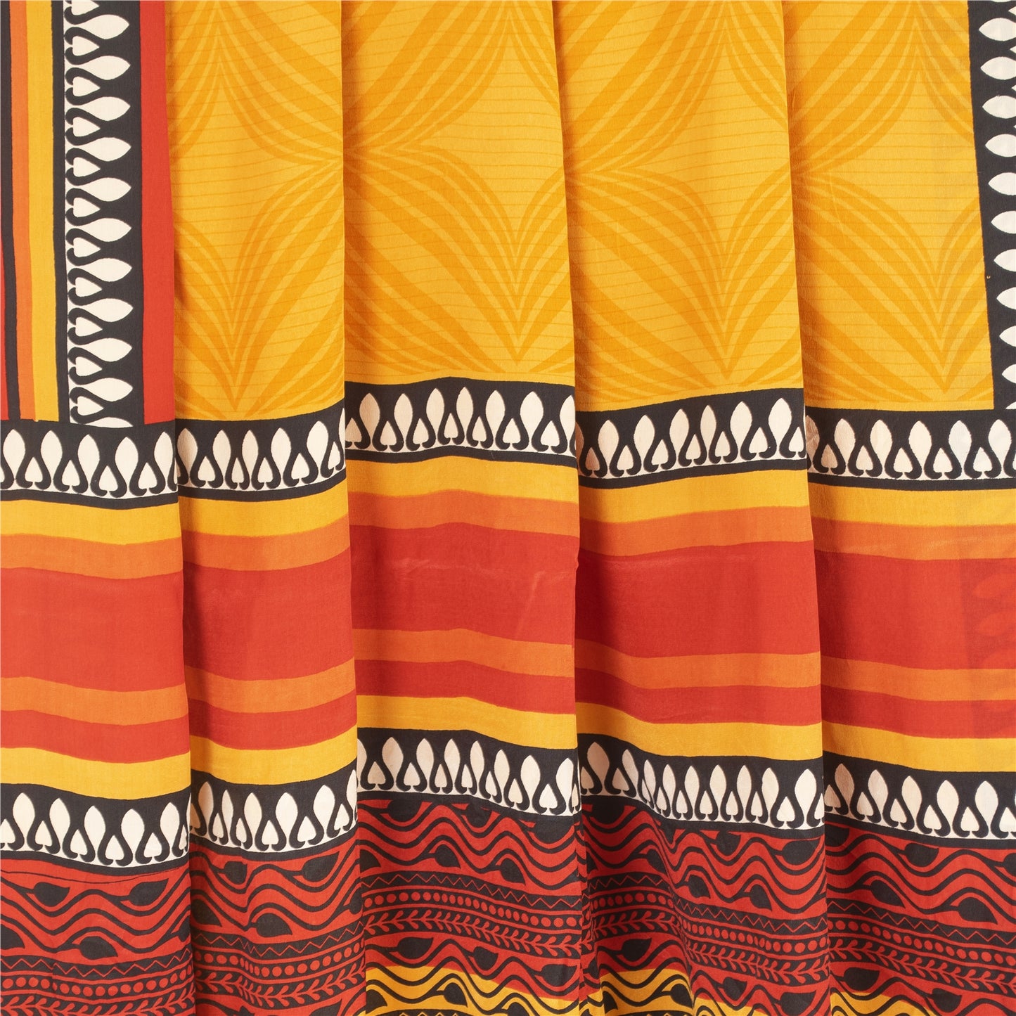 Sanskriti Vintage Sarees Yellow Pure Crepe Silk Printed Sari 5+yd Craft Fabric