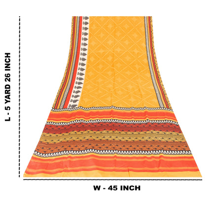 Sanskriti Vintage Sarees Yellow Pure Crepe Silk Printed Sari 5+yd Craft Fabric