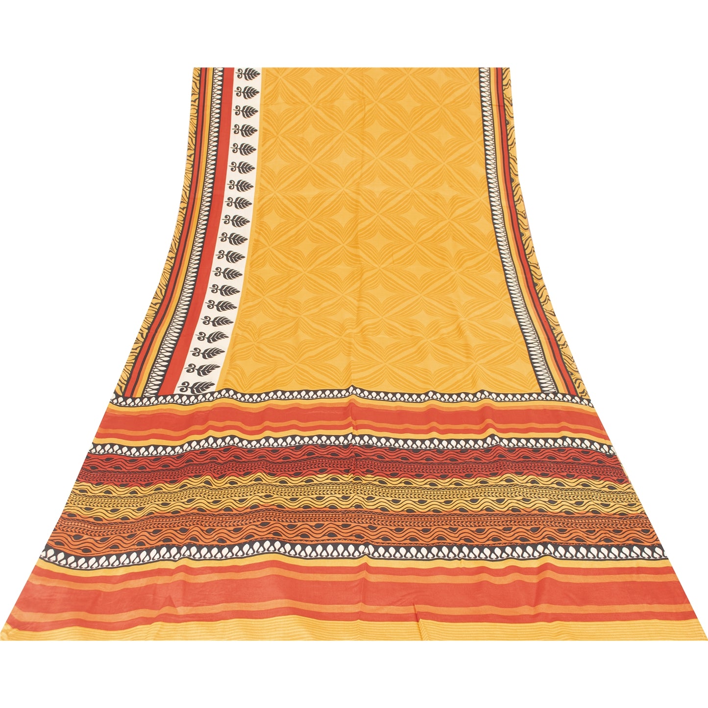 Sanskriti Vintage Sarees Yellow Pure Crepe Silk Printed Sari 5+yd Craft Fabric