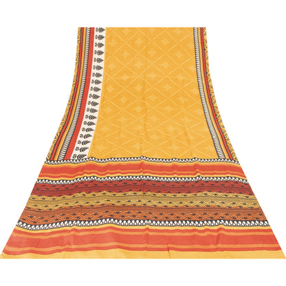 Sanskriti Vintage Sarees Yellow Pure Crepe Silk Printed Sari 5+yd Craft Fabric