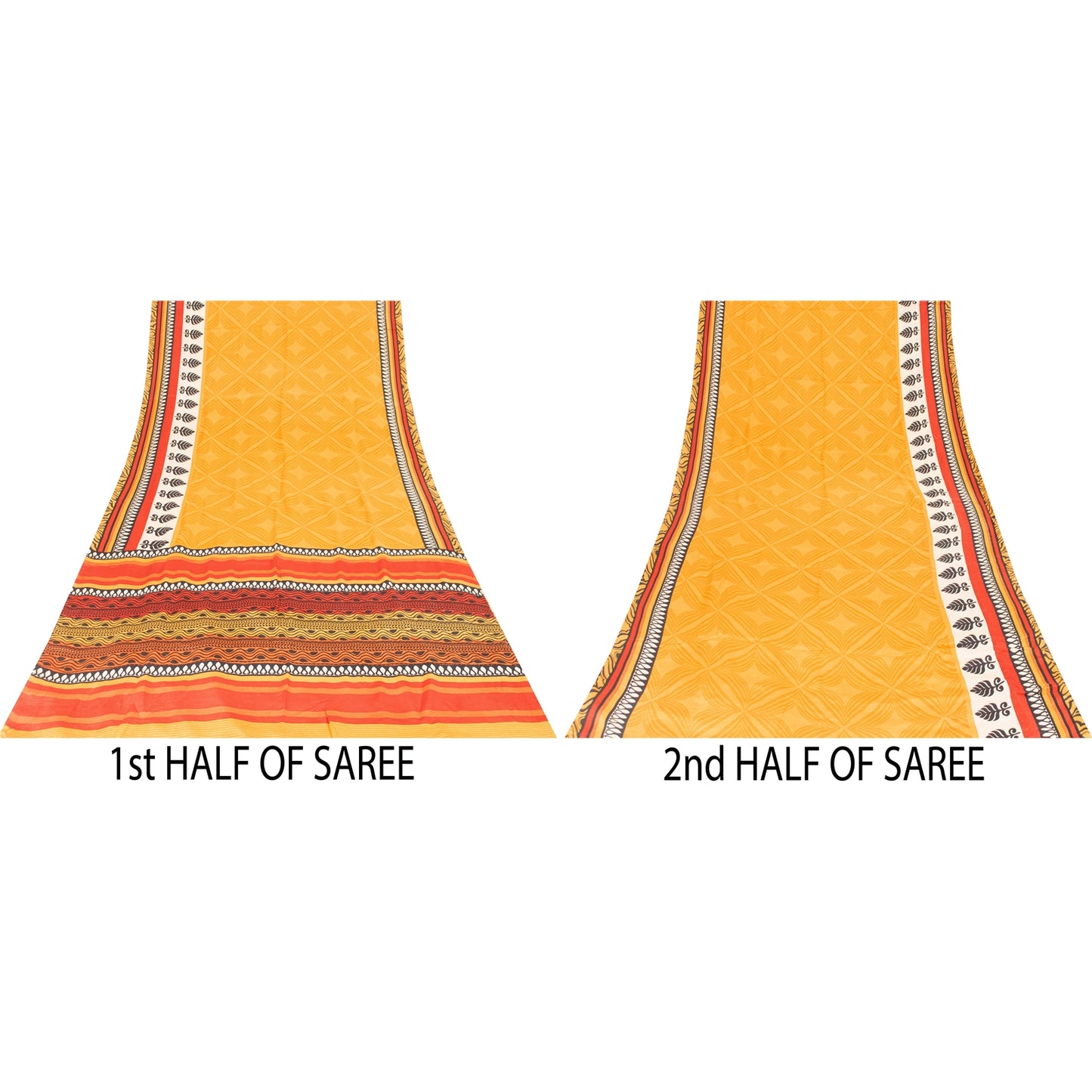 Sanskriti Vintage Sarees Yellow Pure Crepe Silk Printed Sari 5+yd Craft Fabric