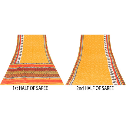 Sanskriti Vintage Sarees Yellow Pure Crepe Silk Printed Sari 5+yd Craft Fabric